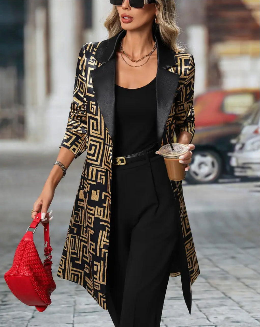 Black & Gold Geometric Embroidered Metallic Blazer Coat
