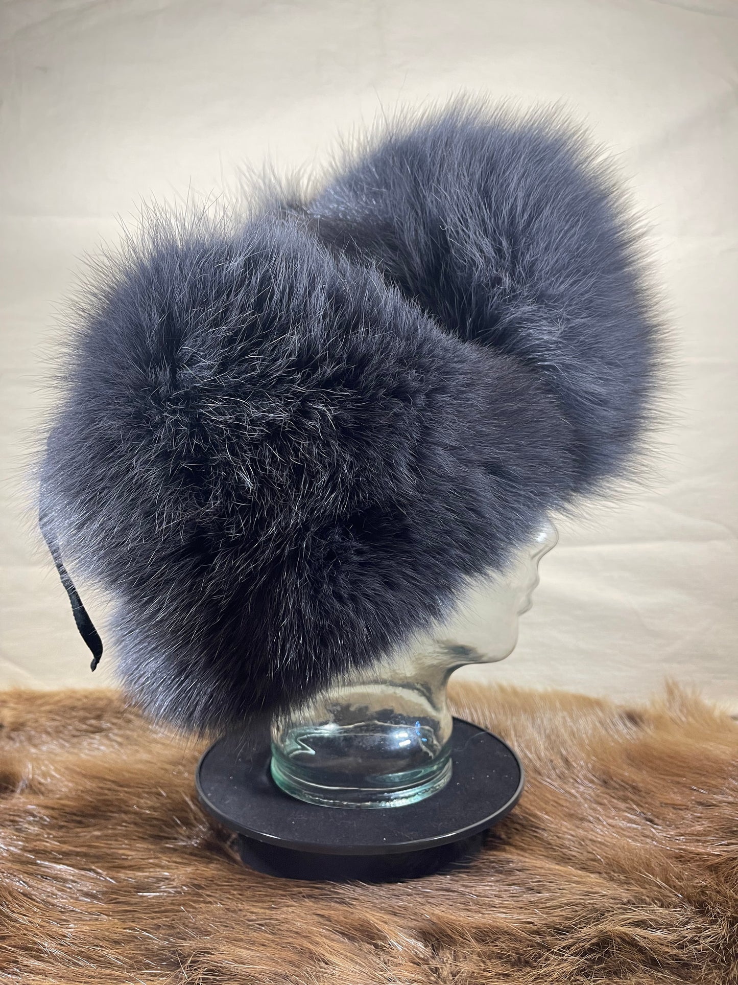 Dark Blue Fox Fur Ushanka Hat