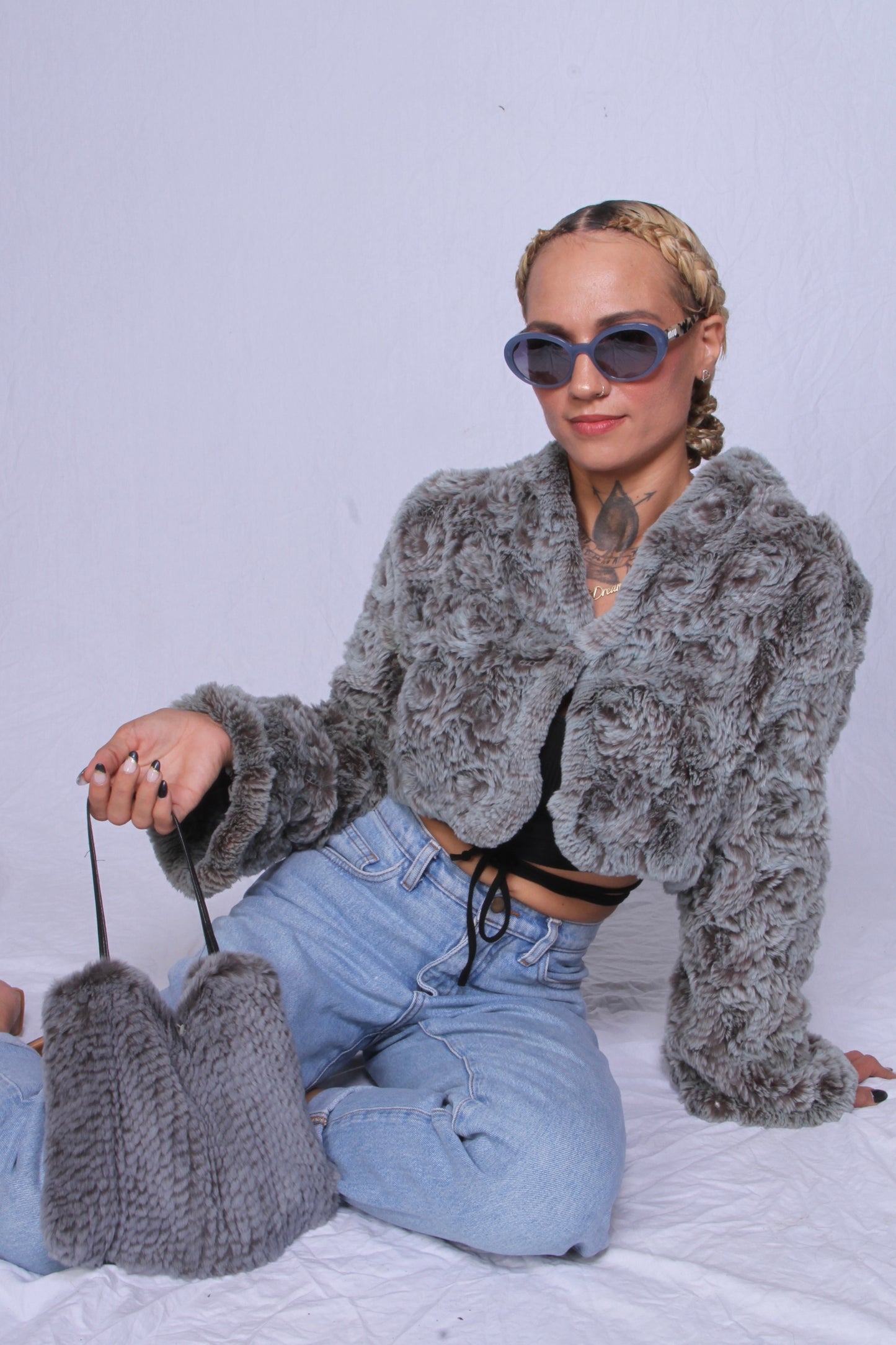Rex Chinchilla On Knit Cropped Jacket
