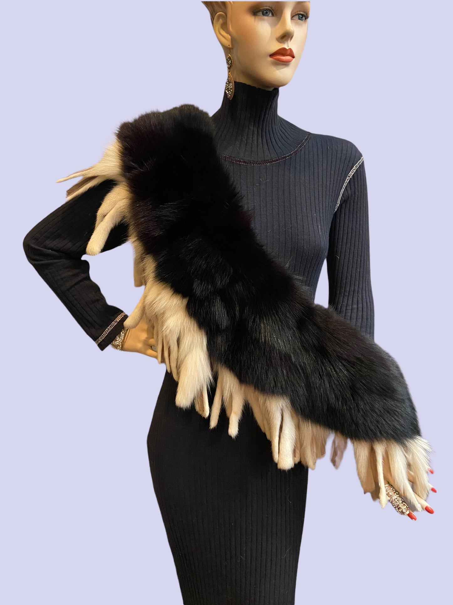 Fox Fur Collar - Black and White With Tassels