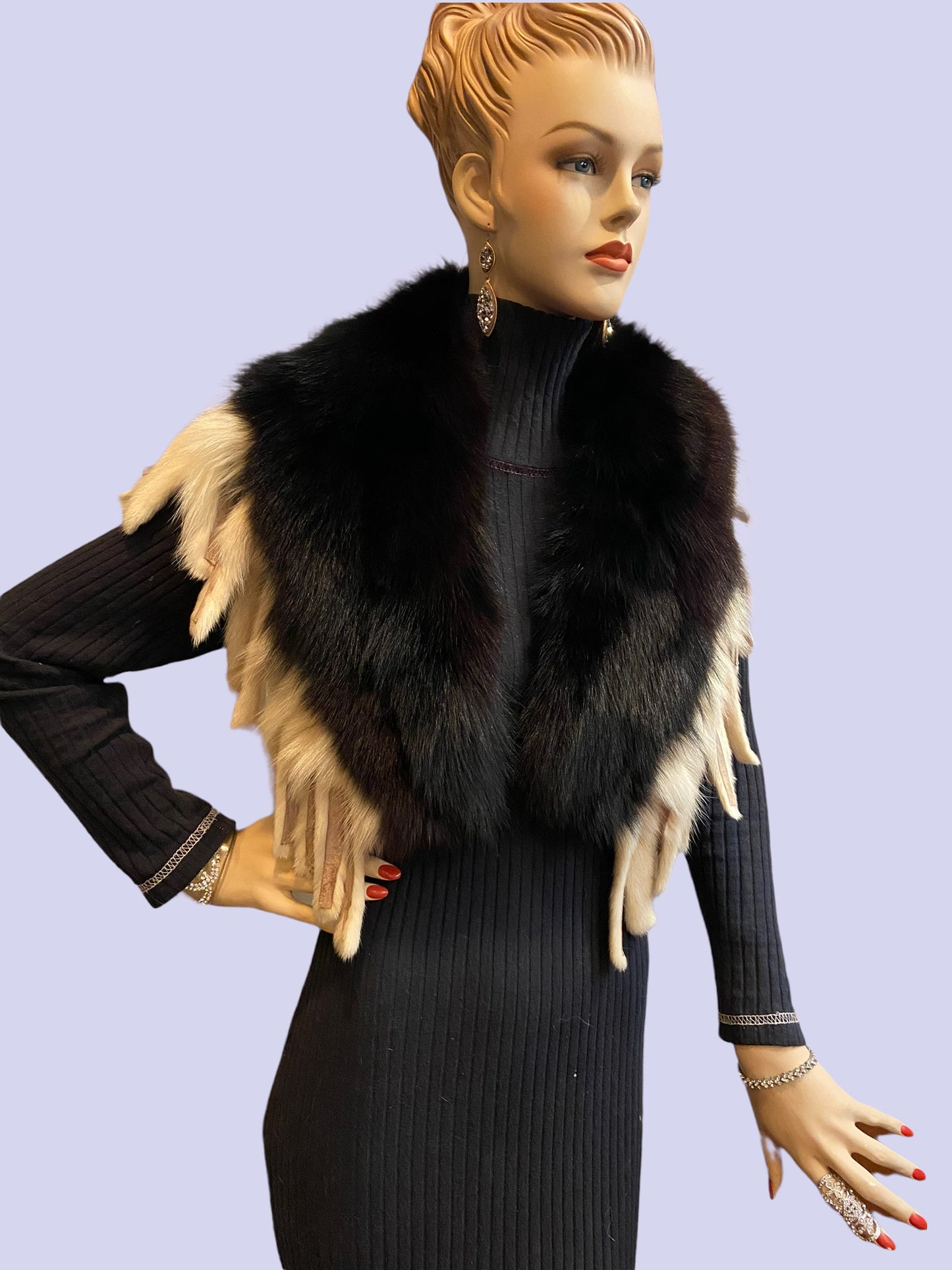 Fox Fur Collar - Black and White With Tassels