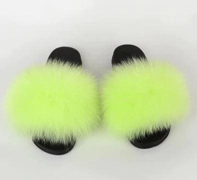 Fox Fur Slippers - Lime Green