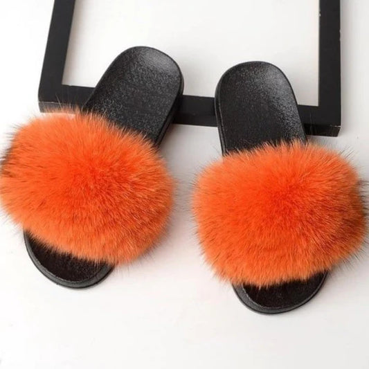 Fox Fur Slippers - Orange