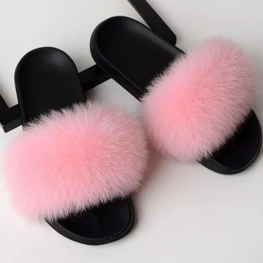 Fox Fur Slippers - Pink