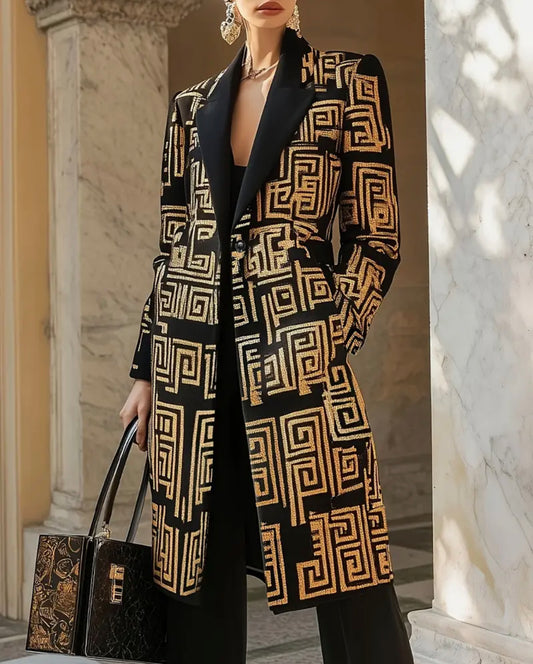 Black & Gold Geometric Embroidered Metallic Blazer Coat