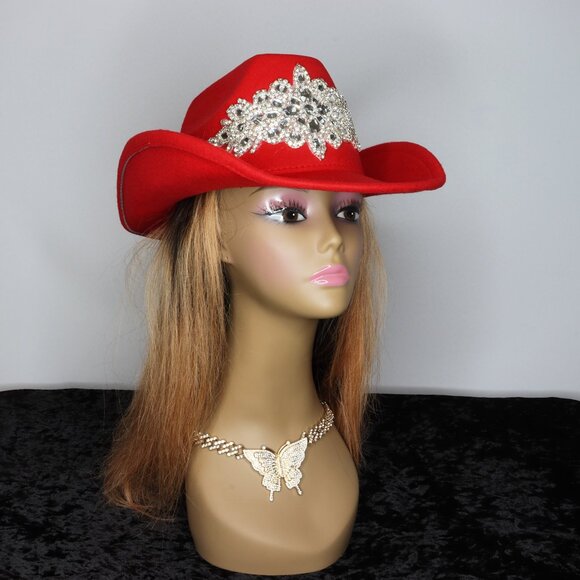 Women's Luxurious Sparkling Rhinestone Cowboy Hat - Red